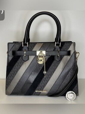 Michael Kors Black and Gray Striped Satchel